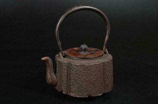 U9173: Japanese Old Iron Tea Kettle Teapot W/copper Lid Silver Inlay Handle