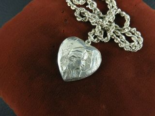 Vintage Heart Pendant Necklace Solid 925 Sterling Silver Art Nouveau Chain Cameo