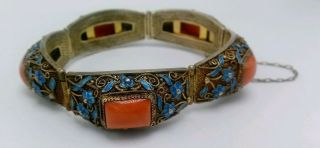 Vintage Chinese Export " Silver " Gilt Enamel Filigree Coral Bracelet