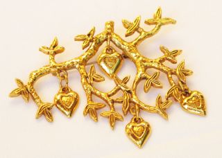 Georges Rech Paris Signed Pin Brooch Vintage Gilt Metal Floral Dangle Heart