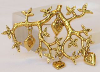 Georges Rech Paris signed Pin Brooch Vintage gilt metal floral dangle heart 2