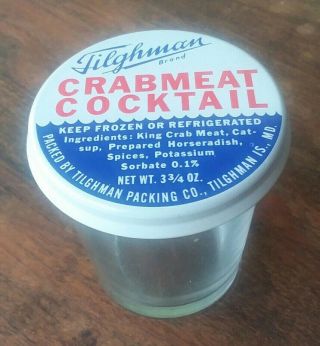 Vintage Tilghman Brand Crab Meat Cocktail Tin Can Glass Jar Tilghman Packing Co