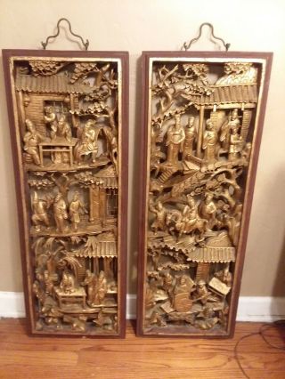 2 Antique Chinese Wood Hand Carved Gold Gilt Wall Panels