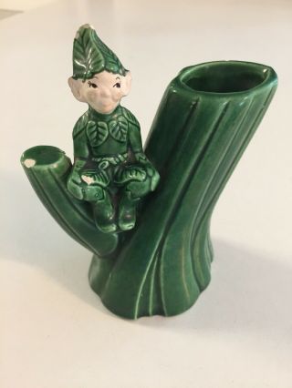 Vintage Pixie Elf In Tree Bud Vase Green Ceramic Approx.  4.  5” Tall