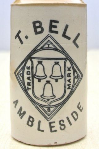 Vintage 1900s T Bell Ambleside Cumbria Three Bells Pict Stone Ginger Beer Bottle