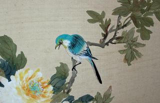 ANTIQUE CHINESE Silk Painting BIRD IN TREE c1940 SIGNED 3