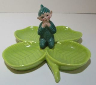 Vintage Gilner Elf Fairy Pixie Four Leaf Clover Shamrock Candy Dish Adorable
