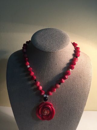 Vintage Red Coral Beads Necklace Flower Pendant 16 - 17” Long