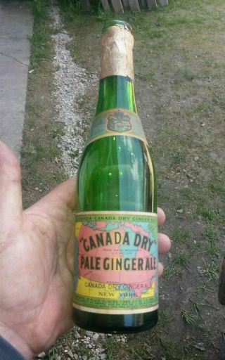Vintage Canada Dry Pale Ginger Ale Green Glass Soda Bottle Paper Labels