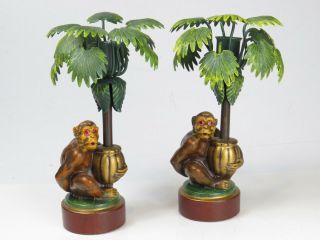 Vtg Monkey Candlestick Pair Candle Holder Palm Trees Petites Choses Usa Metal