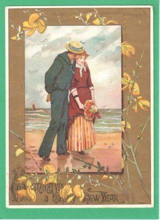 Scarce Antique Year Greeting Card Romantic Couple/sailor On Beach Flowers