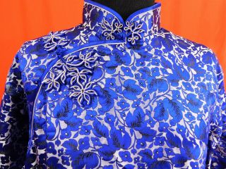 Antique Chinese Qipao Cheongsam Blue Silk Damask Floral Brocade Banner Dress Vtg