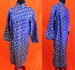 Antique Chinese Qipao Cheongsam Blue Silk Damask Floral Brocade Banner Dress Vtg 2