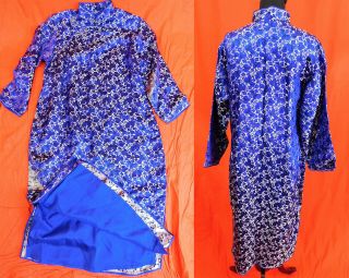 Antique Chinese Qipao Cheongsam Blue Silk Damask Floral Brocade Banner Dress Vtg 3