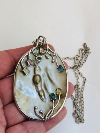 Silver Mother Of Pearl Pendant Necklace Topaz,  Citrine,  Sterling,  925,  Heavy