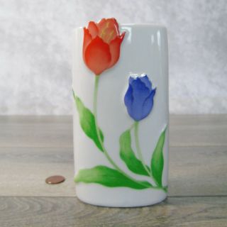 Vtg Japan Porcelain Tulip Flower Vase Raised Floral Design White Purple & Orange