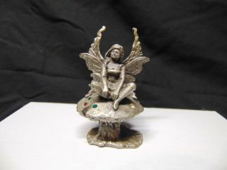 Spoontiques Pewter Angel Figurine Sitting On Top Mushroom With Green Red Beads