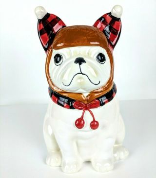 French Bulldog Cookie Jar Holiday Red Black Plaid Trapper Hat