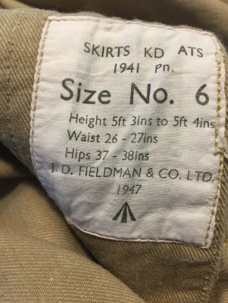 WW2 ATS British Women ' s KD Skirt 1941 Pattern Dated 1947 Size 6 3