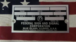 Federal Sign And Signal Air Raid / Civil Defense Siren Rectangular Id Plate