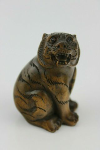 19th Century Japanese Netsuke Boxwood Hand Carved Tiger Signed 5cm