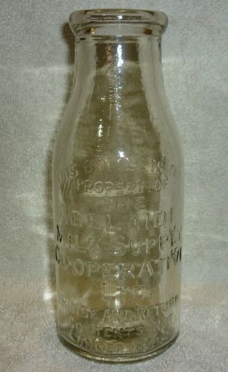 Adelaide Milk Supply Co Operative Ltd 18oz - Wide Top Milk Bottle - C.  1950 