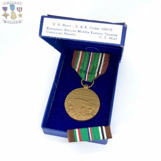 Wwii U.  S.  Navy European African Middle Eastern Campaign Medal Ribbon Bar Box