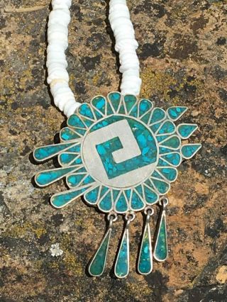 Vintage Taxco Dominguez 2 3/8 " Sterling Turquoise Aztec Mayan Hunab Ku Necklace