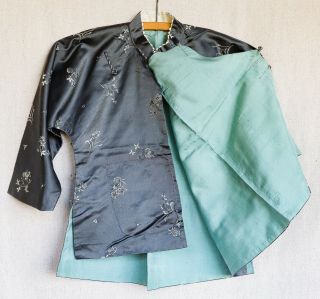Antique Chinese Charcoal Grey Floral Brocade Silk Cheongsam Qipao Robe Jacket 3