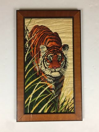 Large Vtg Jungle Hunting Bengal Tiger Big Cat Framed Needlepoint Cross Stitch