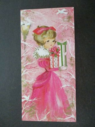 Lady Pretty In Pink Fur Presents Doves Vintage Hallmark Christmas Greeting Card
