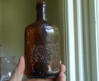1920s Spider & Fly Cobweb With Grain Emb 1/2 Pint Amber Whiskey Flask With Cork