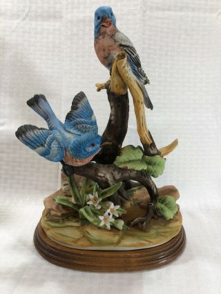Royal Crown Bluebirds With Flowers Porcelain Figurine J Byron Wood Base 13 " Tall