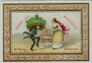 Goodall Victorian Christmas Card Man With Mistletoe On Head Woman Anticipating