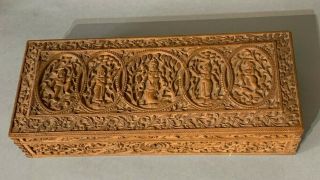 Antique Anglo Indian Carved Sandalwood Wooden Glove Box Casket Mysore