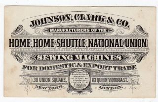 Johnson Clark Co Home Shuttle National Union Sewing Machines Bufford Trade Card