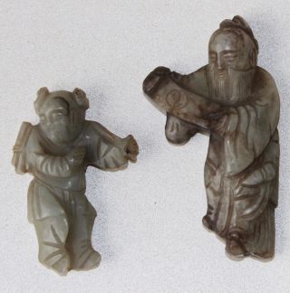 2 Jade Jades Carved Figures Boy Old Man With Scroll Antique Chinese Carving
