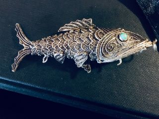 Vintage Chinese Gilt Silver Filigree & Turquoise Fish Pendant With Compartment
