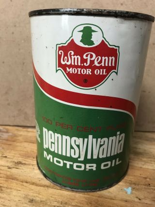 Vintage Wm Penn Motor Oil Can Quart Metal Cleveland Ohio 1 Qt Full