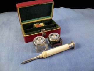 ANTIQUE TRAVELLING DESKTOP DOUBLE INKWELL DIP PEN & SEAL WAFER ETUI BOX 2