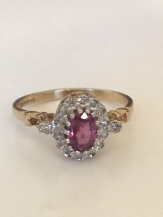 Vintage 9ct Gold Pink Tourmaline And Diamond Ring Birmingham Size L