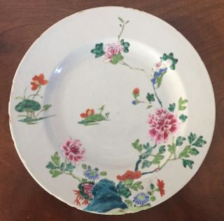 Antique 18th Century Chinese Export Porcelain Plate Famille Rose Peony Flower
