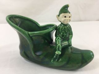 Vtg Mid Century Green Ceramic Elf Pixie Sitting On Shoe Planter 5” X 3” X 2”