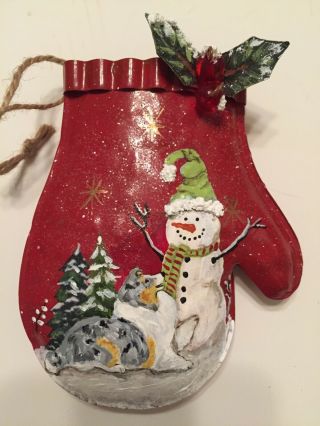 Ooak Hand Painted Blue Merle Collie Sheltie Dog On Tin Snowman Mitten Ornament