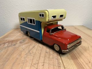 Vintage Tin Litho Camper Rv Friction Japan Tin Toy Truck W/ Camper Rv Attached