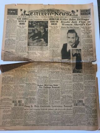 Vintage Mar 1934 Hollywood Citizen Newspaper John Dillinger Jail Break