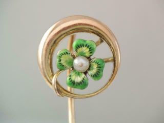 Antique Art Nouveau 10k Rose Gold Green Enamel 4 Leaf Clover Stick Pin W Pearl