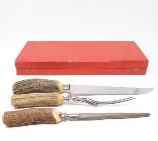 Jernbolaget Eskilstuna Carving Set Antler Knife Fork Sharpener Sweden Vtg
