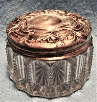 Antique Cut Glass W/ Ornate Sterling Silver Lidded Top Trinket Box / Dresser Box