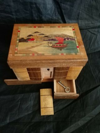 Vintage Japanese Wood Box Secret Hidden Drawer Puzzle With Key Locks Old